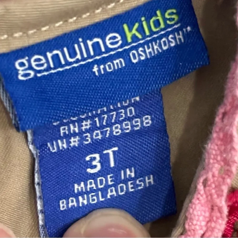 Oshkosh Genuine Kids VTG Embroidered Lace Trim Tan Pink Jumper Dress Shirt 3T